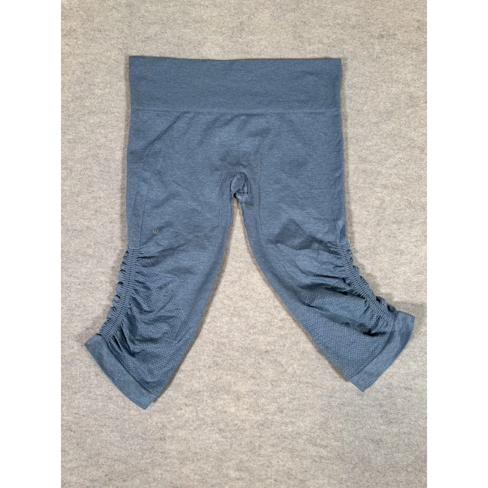 Lululemon Leggings Womens 8 Blue Capri High Rise Ruched Textured Yoga Athletic - Picture 5 of 15